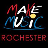 Square logo with black background and text that says "Make Music Rochester" in alternating colors of red, white, blue, and yellow.